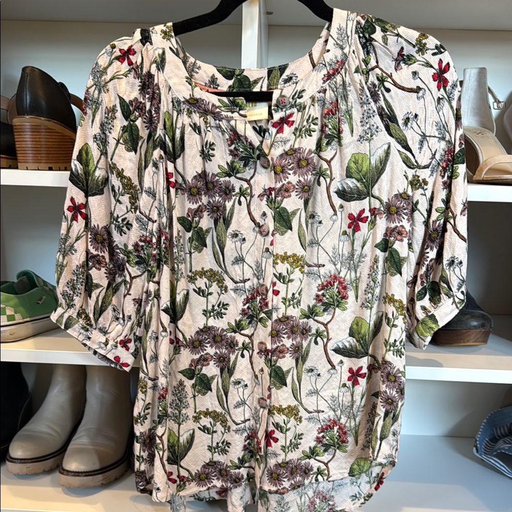 Maeve Pink and Green 3/4 Sleeve Blouse with Mandarin Collar
